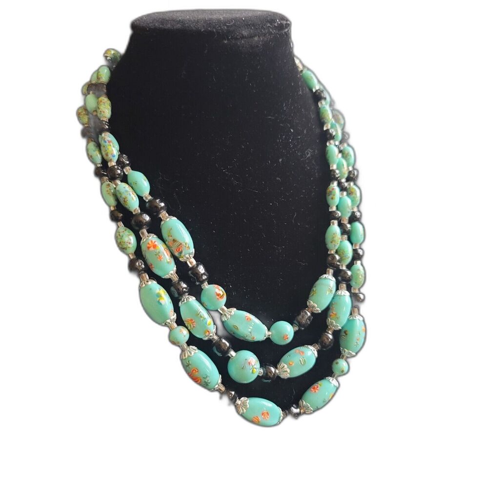 Vintage Japan Hand Painted Art Glass 3 Strand Necklace Teal Floral Lampwork 16"